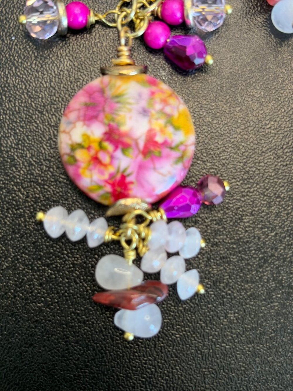 Boho Floral Beaded Statement Necklace Pink & Rose Quartz Tone